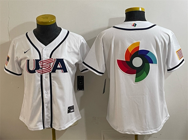 Women's USA Baseball White 2026 World Baseball Classic Big Logo Home Stadium Stitched Baseball Jersey(Run Small)